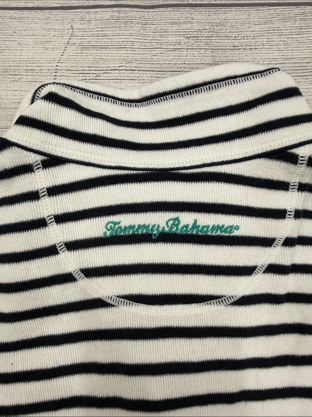 Tommy Bahama Navy & White Striped Quarter-Zip Pullover Tropical Collar Size L - Picture 4 of 5
